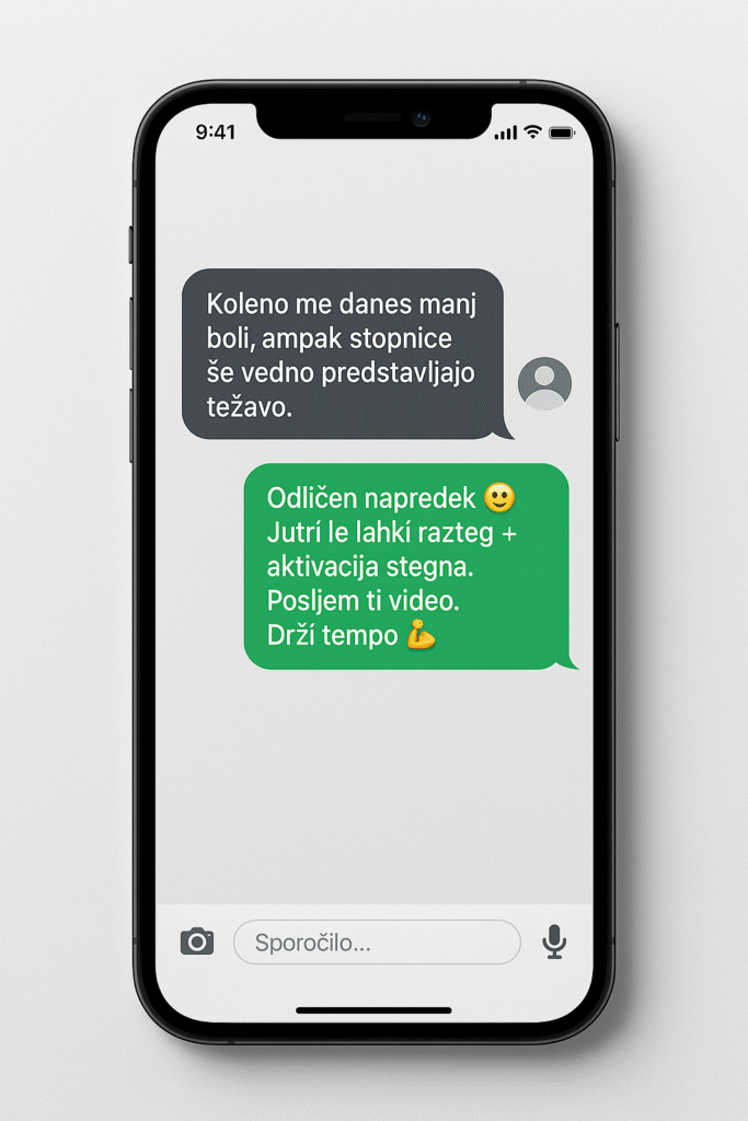 Primer pogovora med mentorjem in stranko o bolečinah v kolenu ter prilagoditvi vaj; osebna podpora in sprotno vodenje pri regeneraciji sklepov